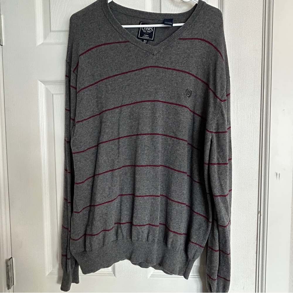 Chaps V-Neck Cashmere Blend Sweater, Size XL, Gray and Burgundy Striped - Picture 13 of 14